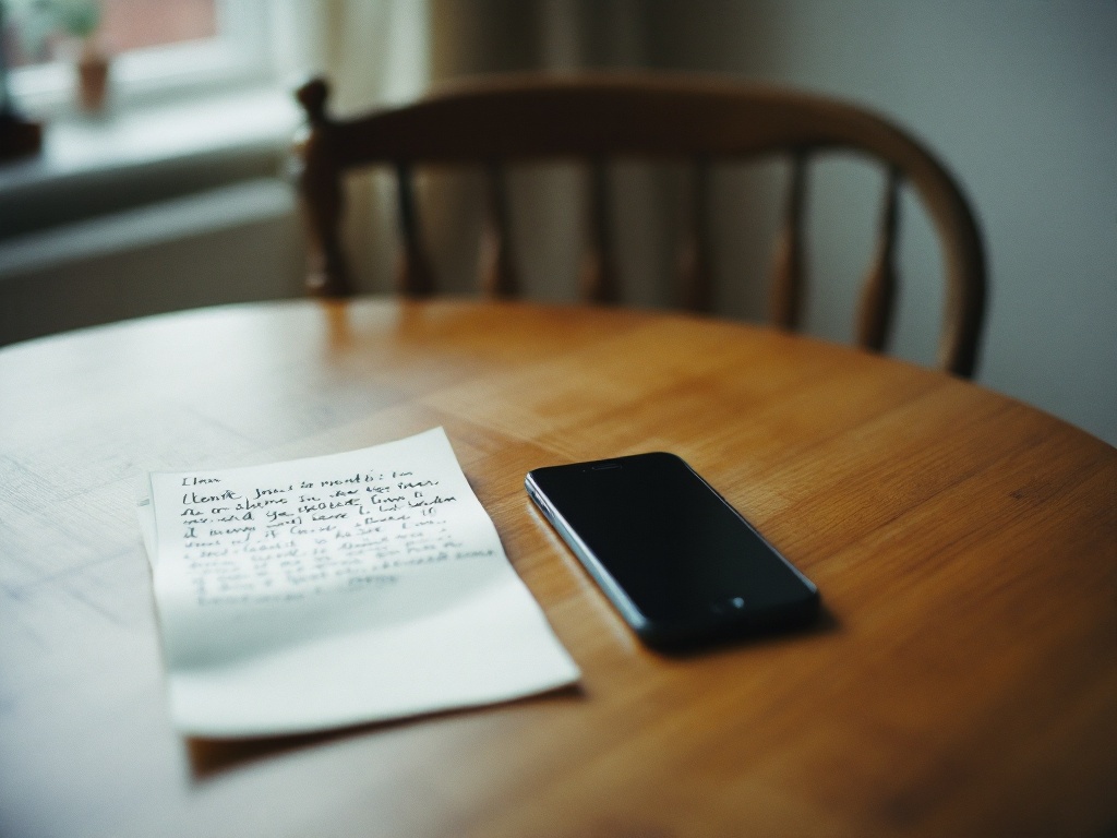 An unsent letter and a phone face down on a kitchen table