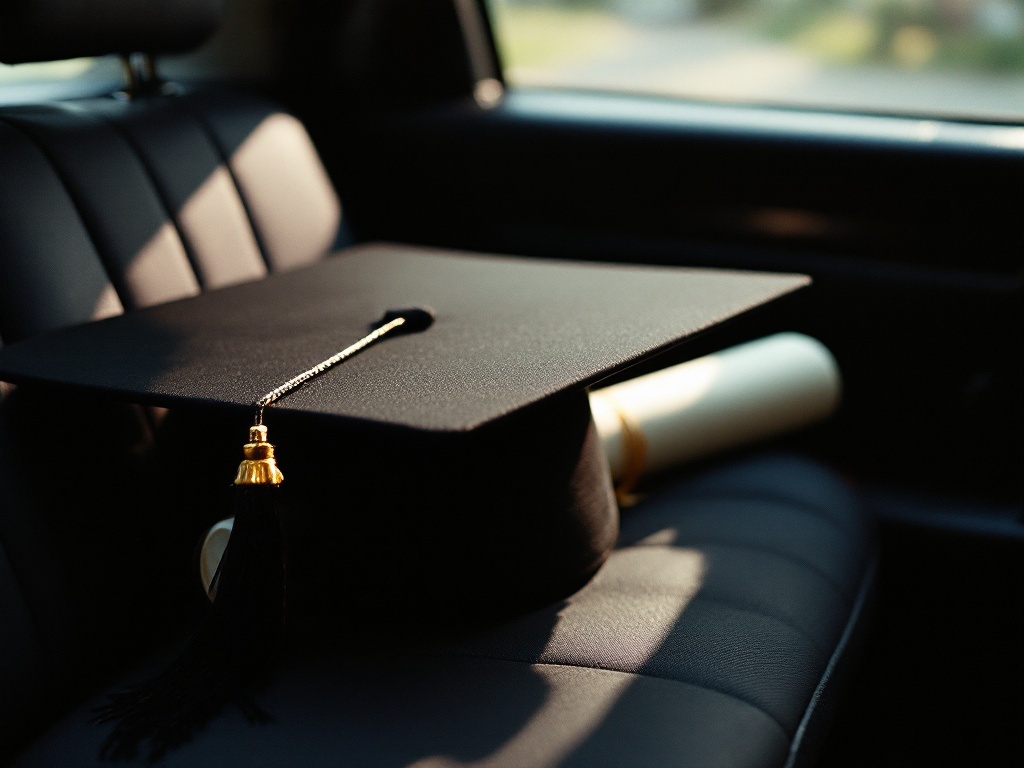 A graduation cap and rolled diploma on the back seat of a car
