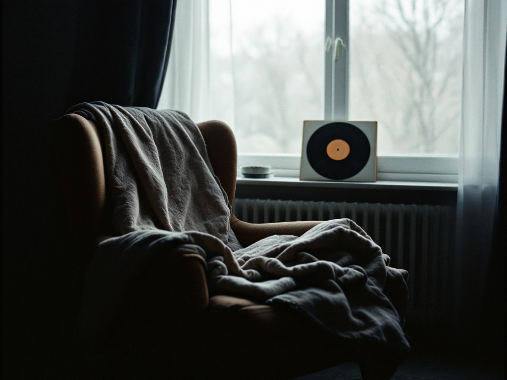 An empty armchair by a window with a folded blanket and a record sleeve