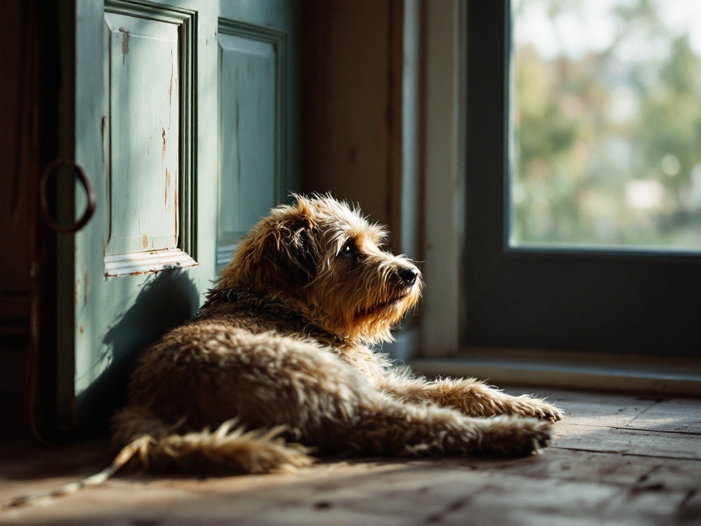 A scruffy dog lying by a front door in the afternoon light
