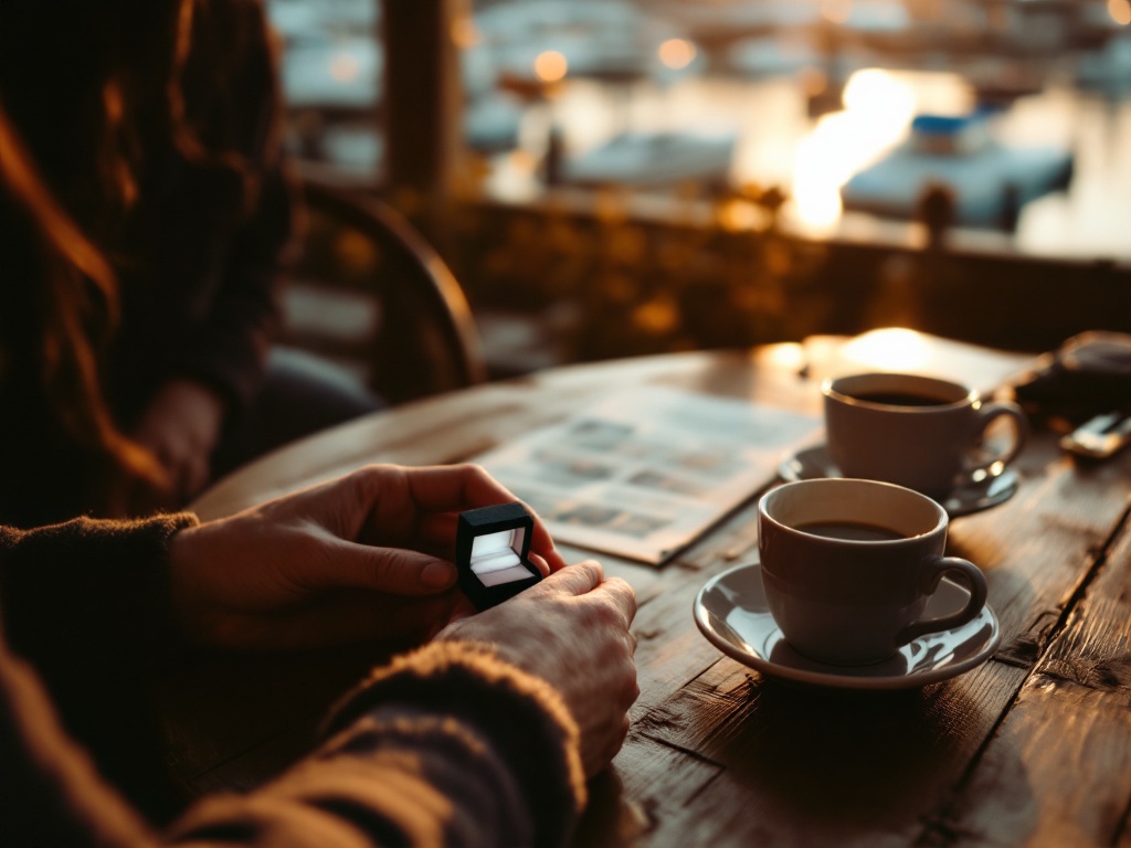 Two hands on a wooden table at golden hour with a small ring box