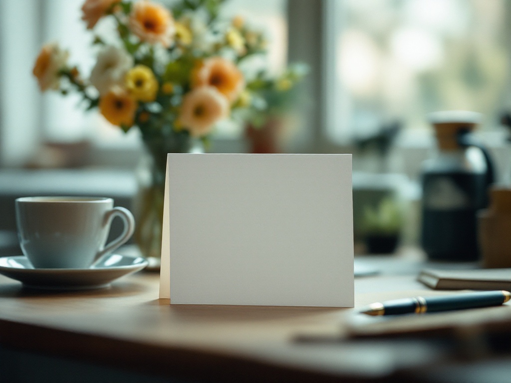 A blank card standing on a desk beside a coffee cup, a pen and flowers